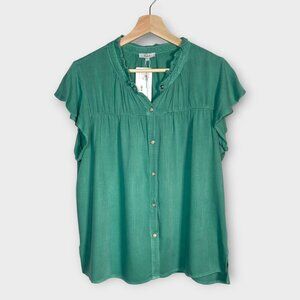 Rails Ruthie Top MEDIUM Basil Green Snaps Flutter Sleeve Coastal Cowgirl NEW